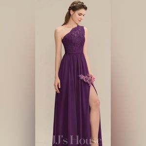 JJs House Bridesmaid Dress: A-line one shoulder floor length chiffon lace Grape